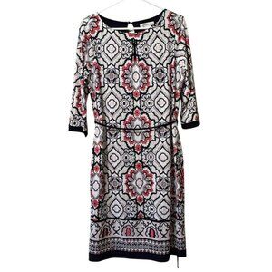Liz Claiborne Dress Women Size Medium Stretch 3/4 Sleeve Colorful Tie Waist Line
